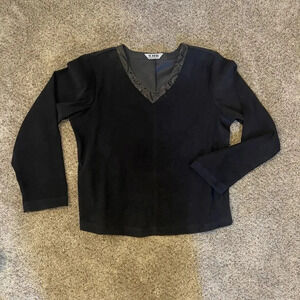 Vintage Womens SUEDE Long Sleeve‎ V-Neck Blouse VELVET VELOUR BOXY STRUCTURED M